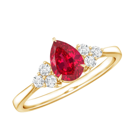 Pear Shaped Lab Ruby Engagement Ring with Diamond Trio