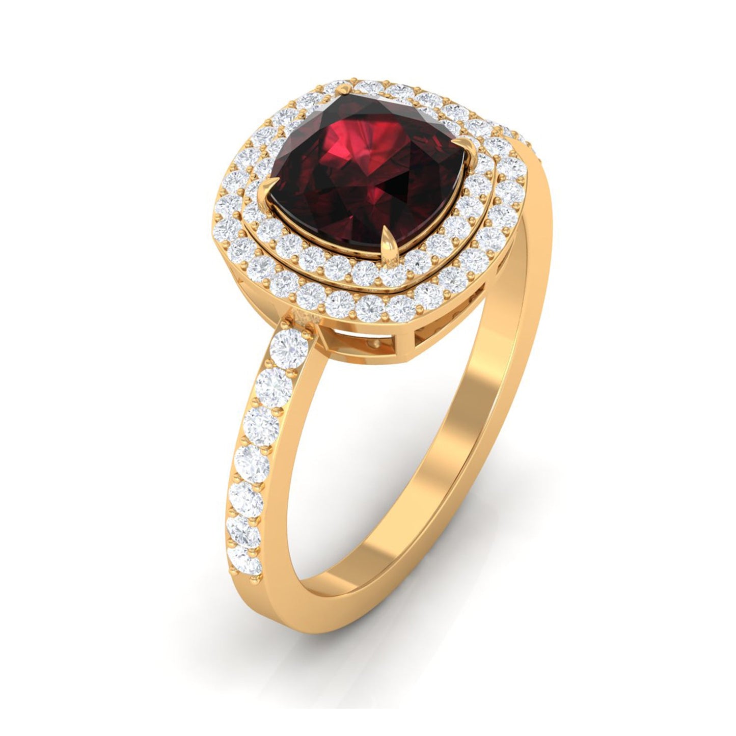 Natural 3.2 Carat Cushion Cut Garnet Diamond Double Halo Engagement Ring