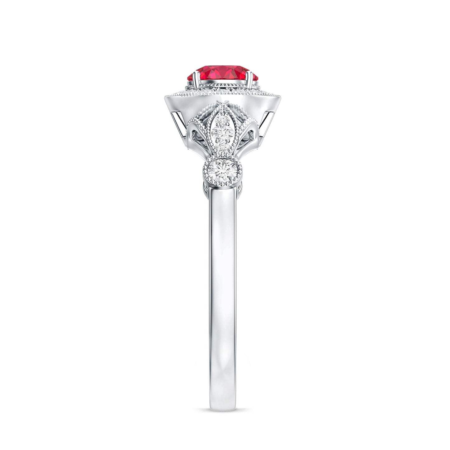 Antique Inspired Lab Created Ruby and Diamond Engagement Ring