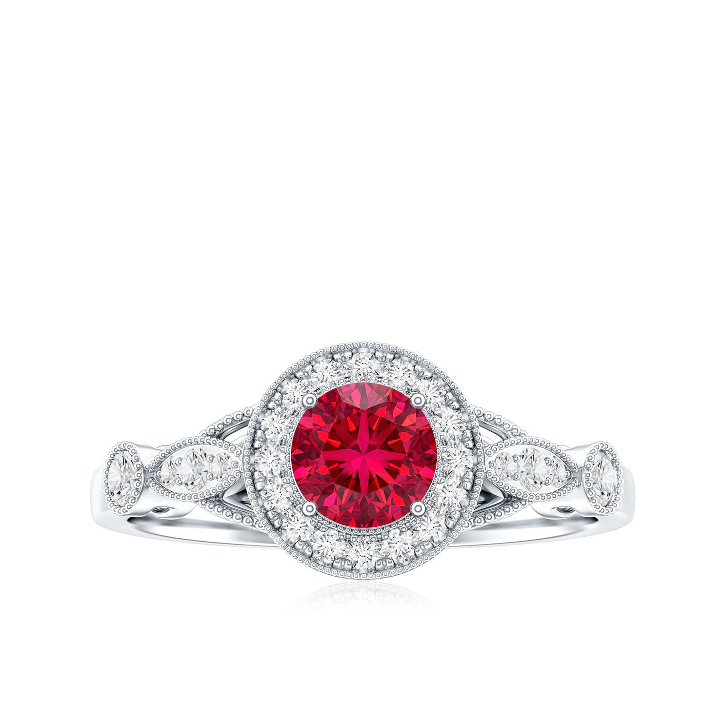 Antique Inspired Lab Created Ruby and Diamond Engagement Ring