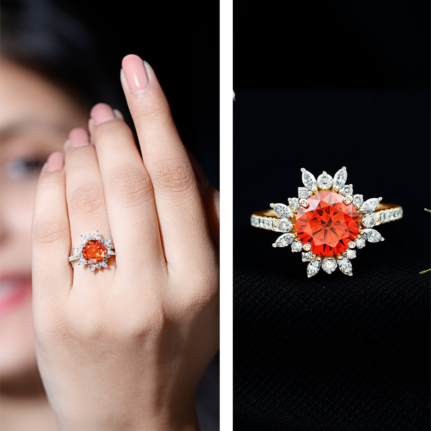 2.25 Carat Lab Grown Orange Statement Engagement Ring with Diamond Halo