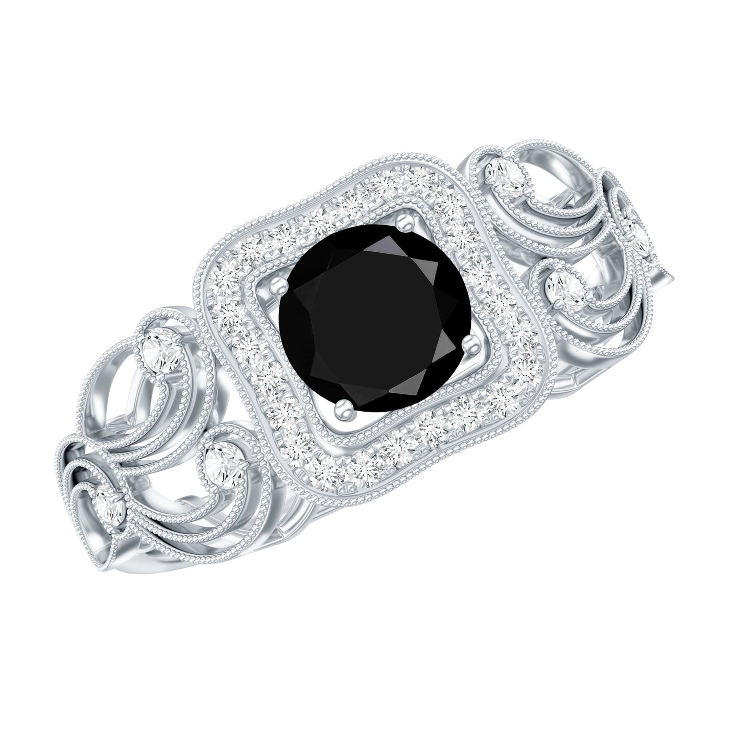 Vintage Style 0.84 Carat Lab Grown Black Diamond Engagement Ring with White Diamond