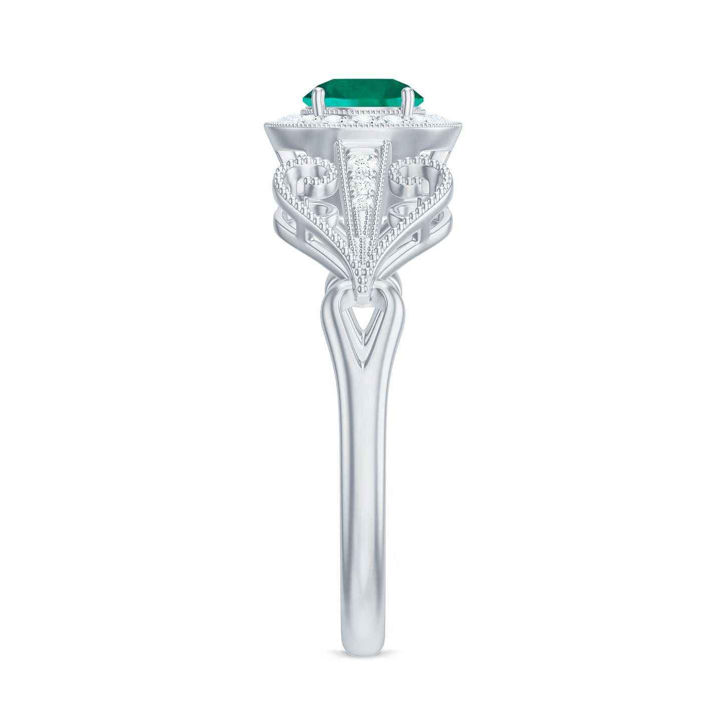 Certified Lab Grown Emerald Vintage Looking Engagement Ring with Diamond