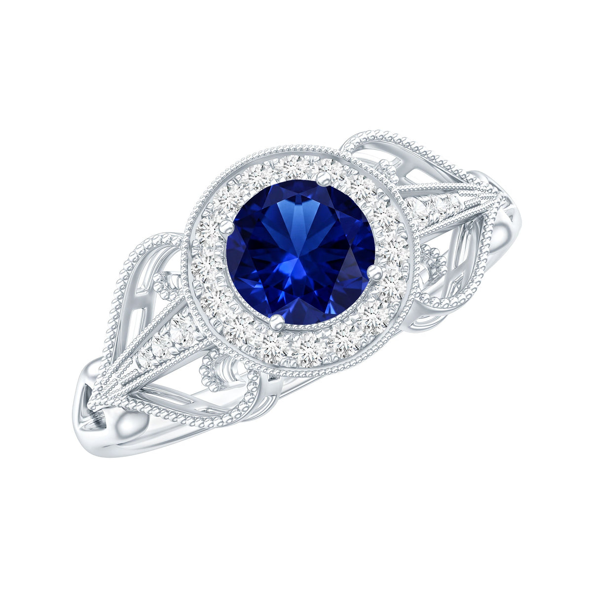Certified 0.6 Carat Lab Grown Blue Sapphire Retro Engagement Ring with Diamond