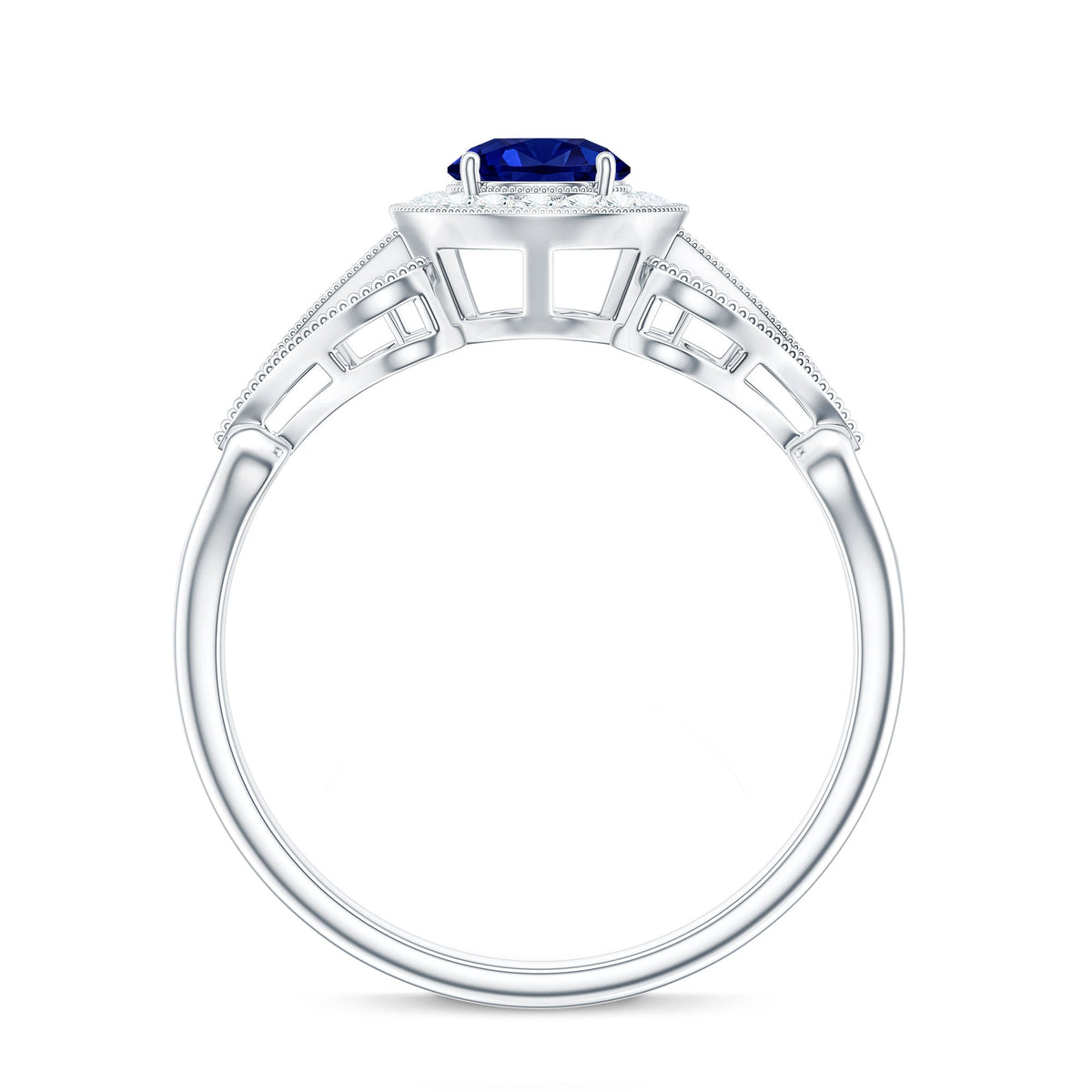 Certified 0.6 Carat Lab Grown Blue Sapphire Retro Engagement Ring with Diamond
