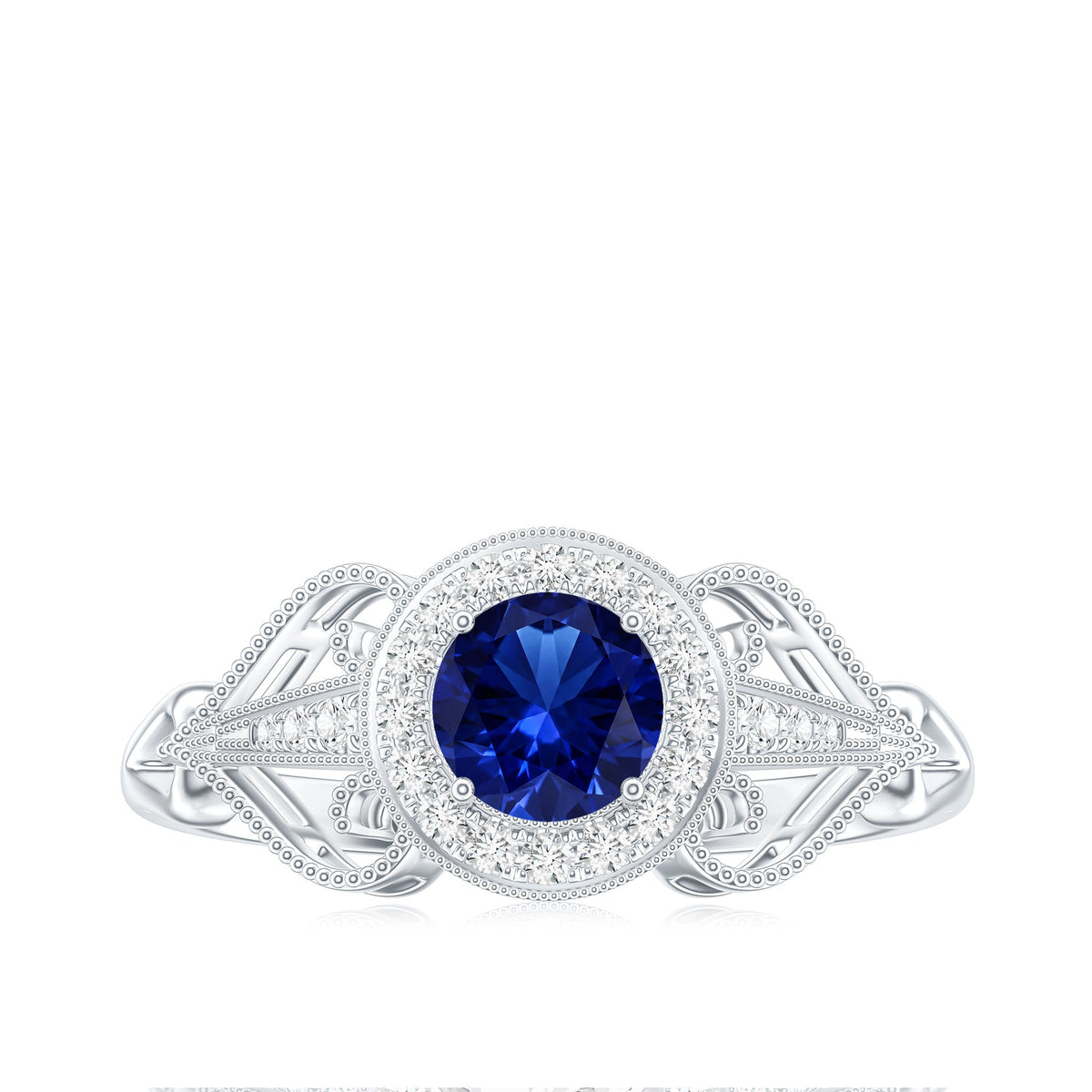 Certified 0.6 Carat Lab Grown Blue Sapphire Retro Engagement Ring with Diamond