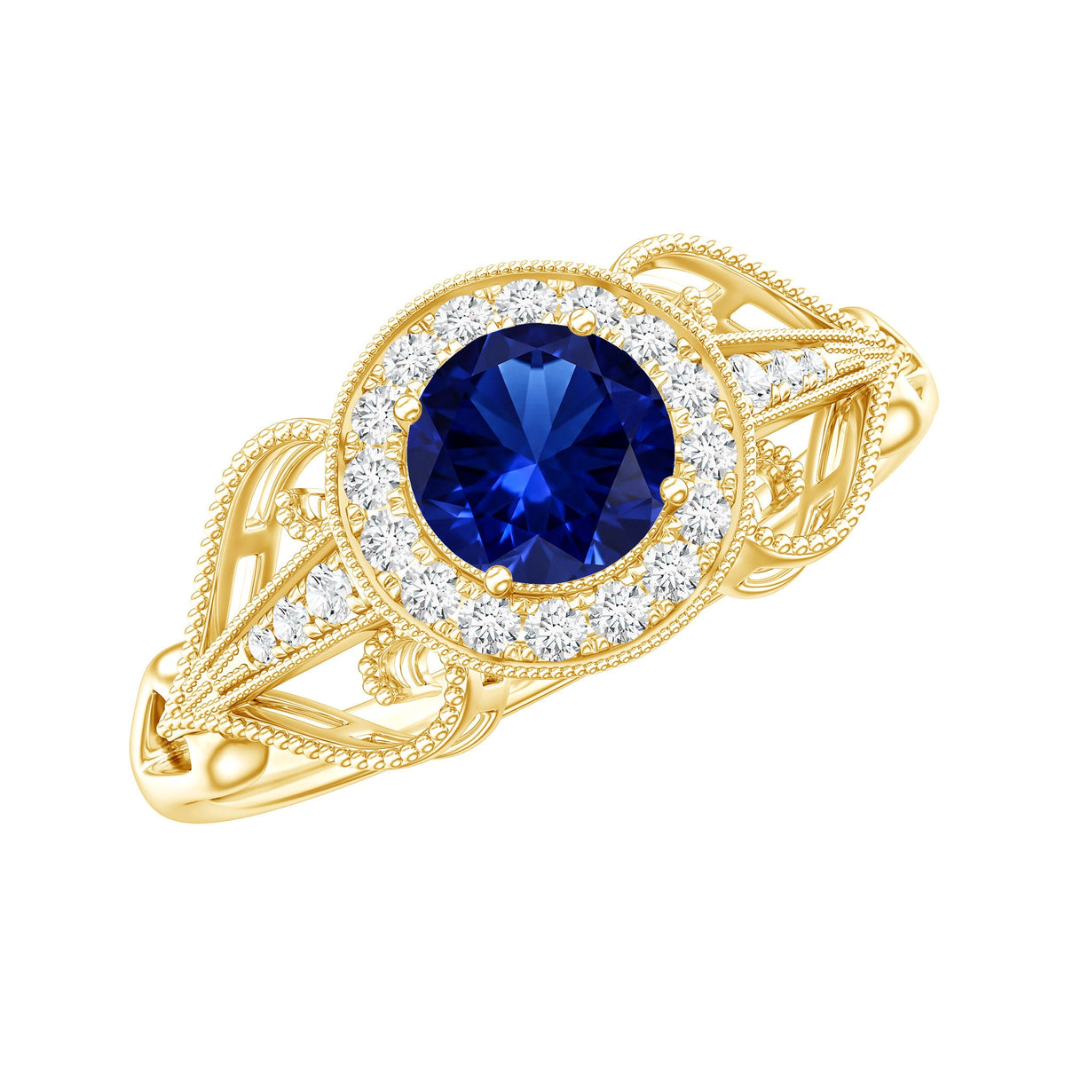 Certified 0.6 Carat Lab Grown Blue Sapphire Retro Engagement Ring with Diamond