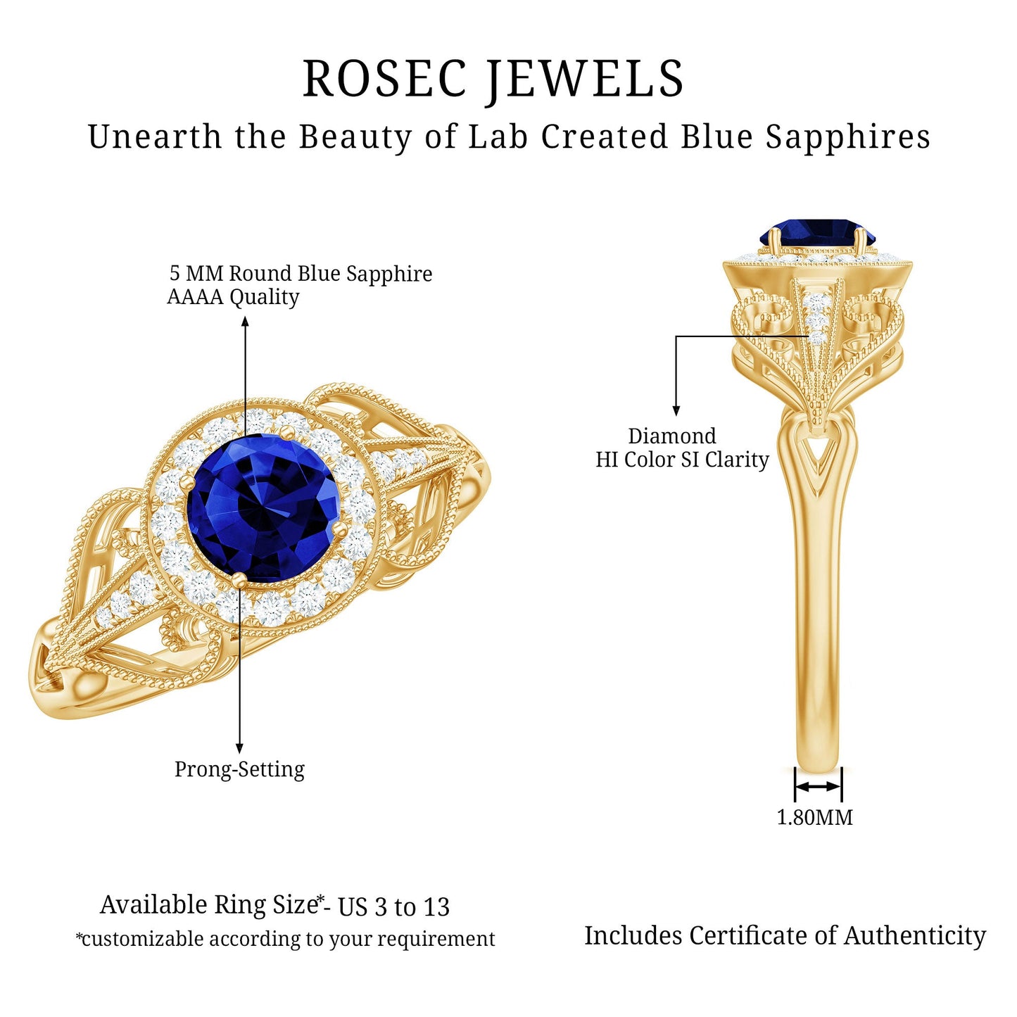Certified 0.6 Carat Lab Grown Blue Sapphire Retro Engagement Ring with Diamond