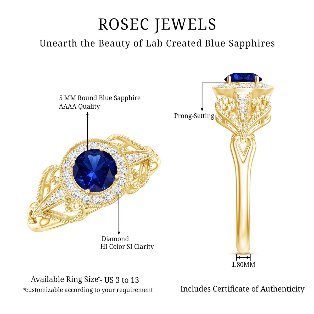 Certified 0.6 Carat Lab Grown Blue Sapphire Retro Engagement Ring with Diamond