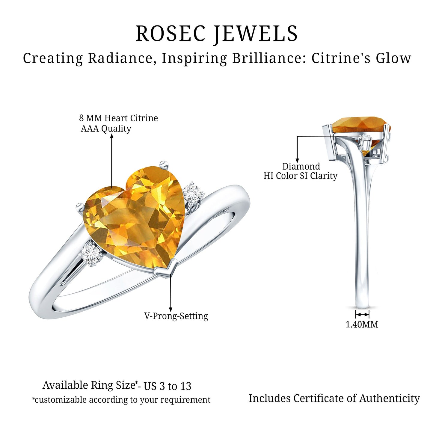 Natural 2 Carat Citrine Heart Engagement Ring with Diamond