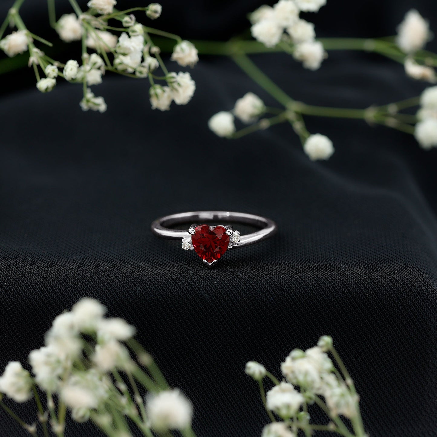 Heart Shape Lab Grown Ruby Solitaire Promise Ring with Diamond
