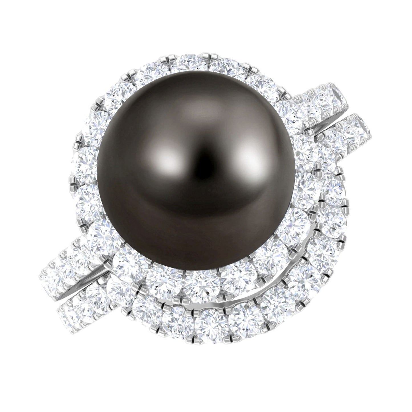 7.5 Carat Tahitian Pearl and Diamond Halo Wedding Ring Set
