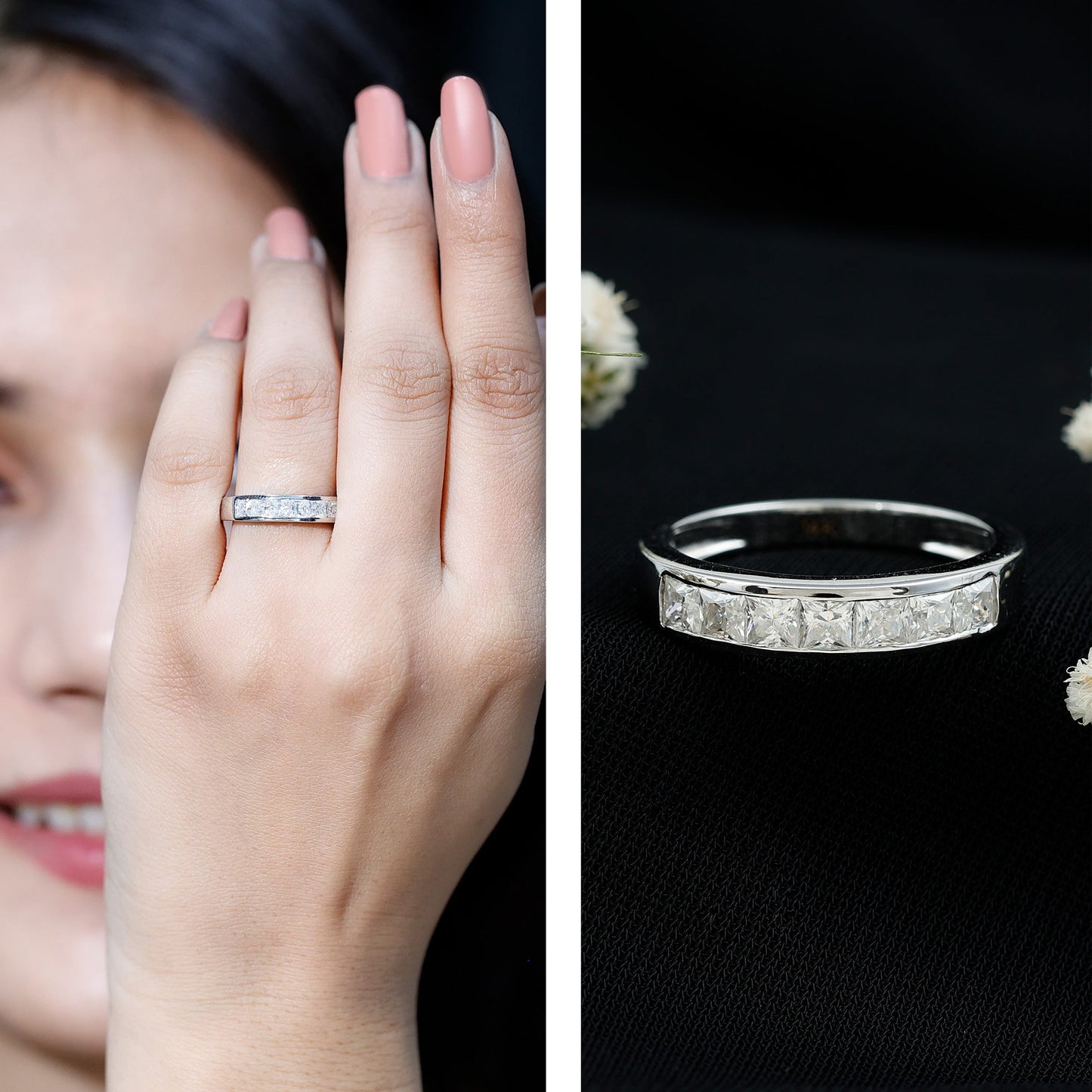 Princess Cut Moissanite Half Eternity Band in Channel Setting