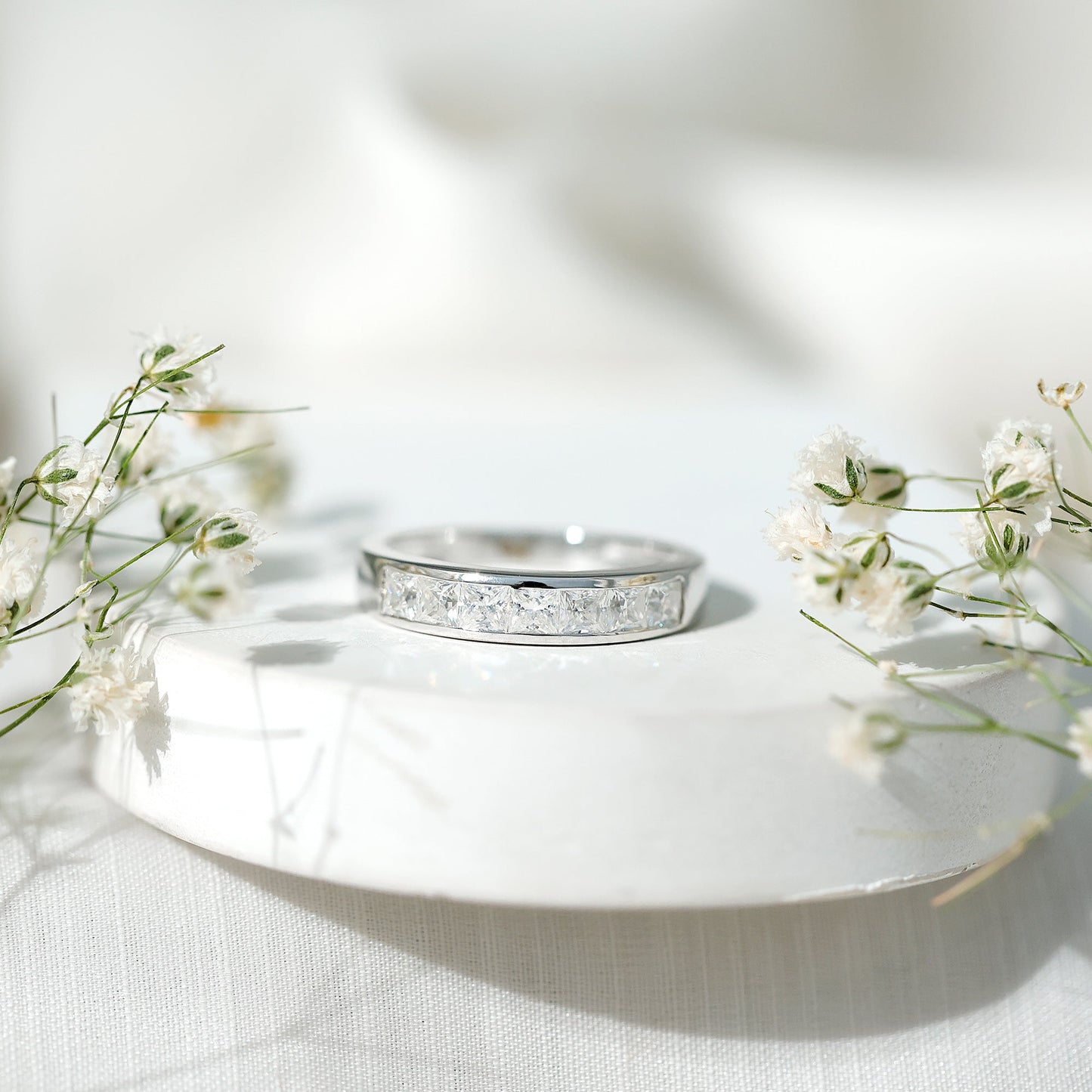 Princess Cut Moissanite Half Eternity Band in Channel Setting