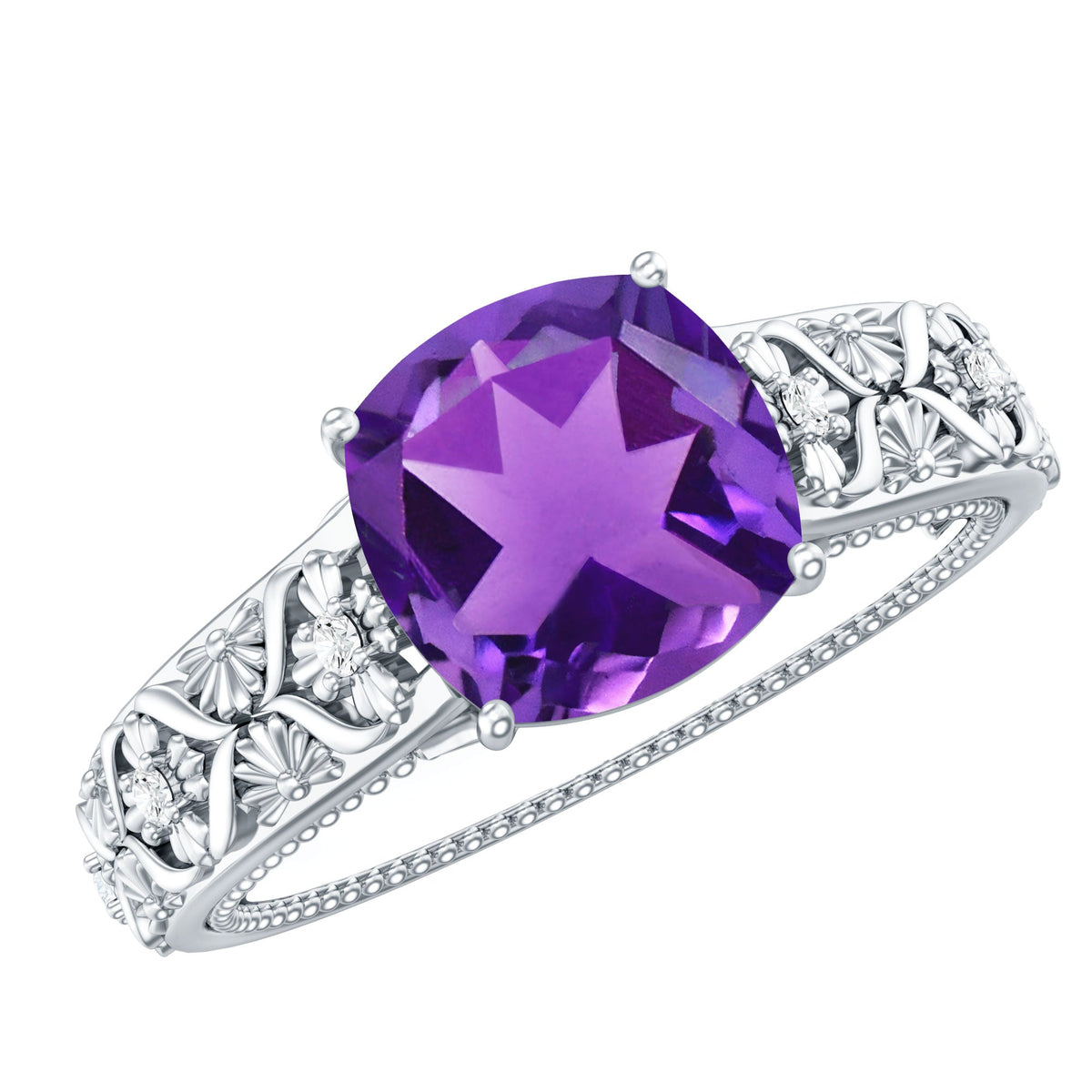 Vintage Inspired 2 Carat Amethyst Cushion Cut Engagement Ring with Diamond