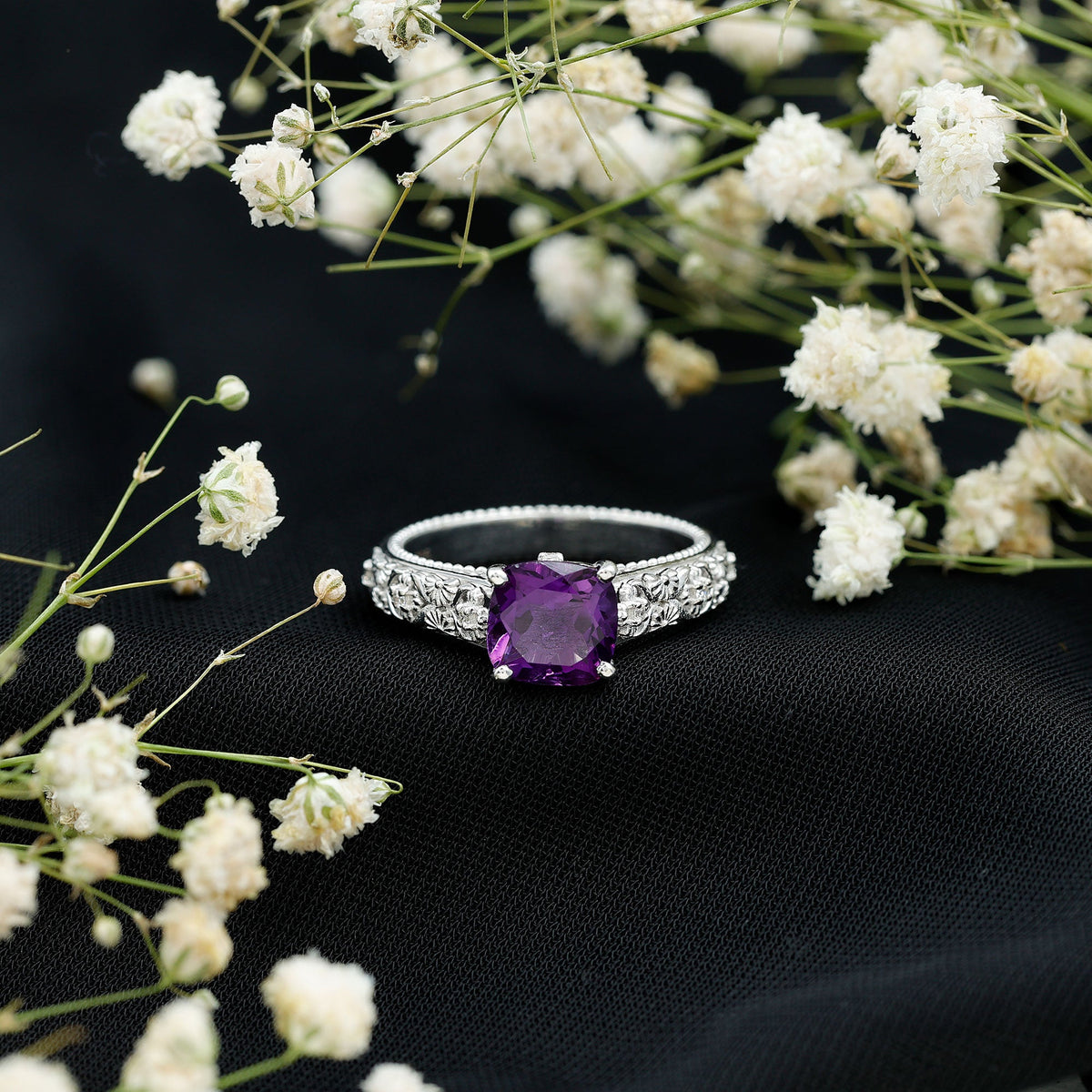 Vintage Inspired 2 Carat Amethyst Cushion Cut Engagement Ring with Diamond