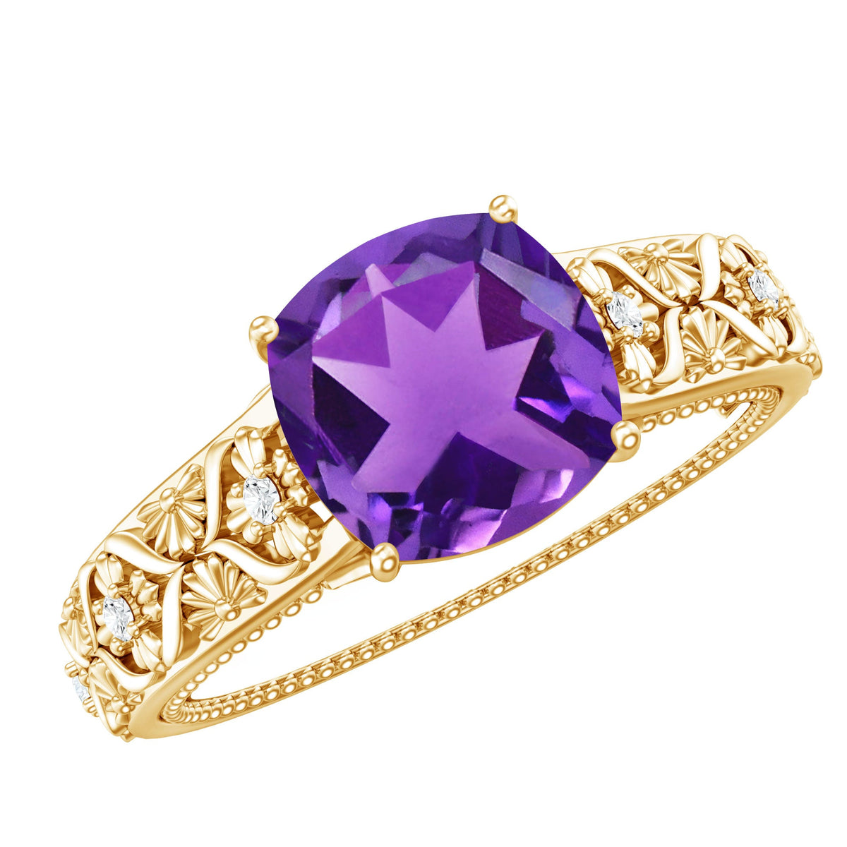 Vintage Inspired 2 Carat Amethyst Cushion Cut Engagement Ring with Diamond