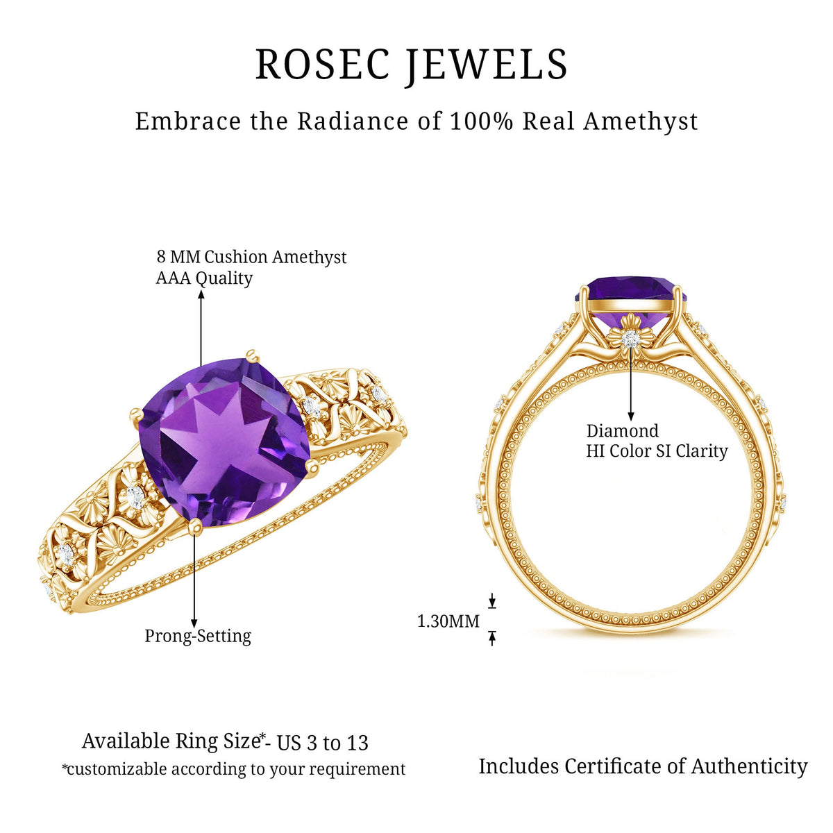 Vintage Inspired 2 Carat Amethyst Cushion Cut Engagement Ring with Diamond