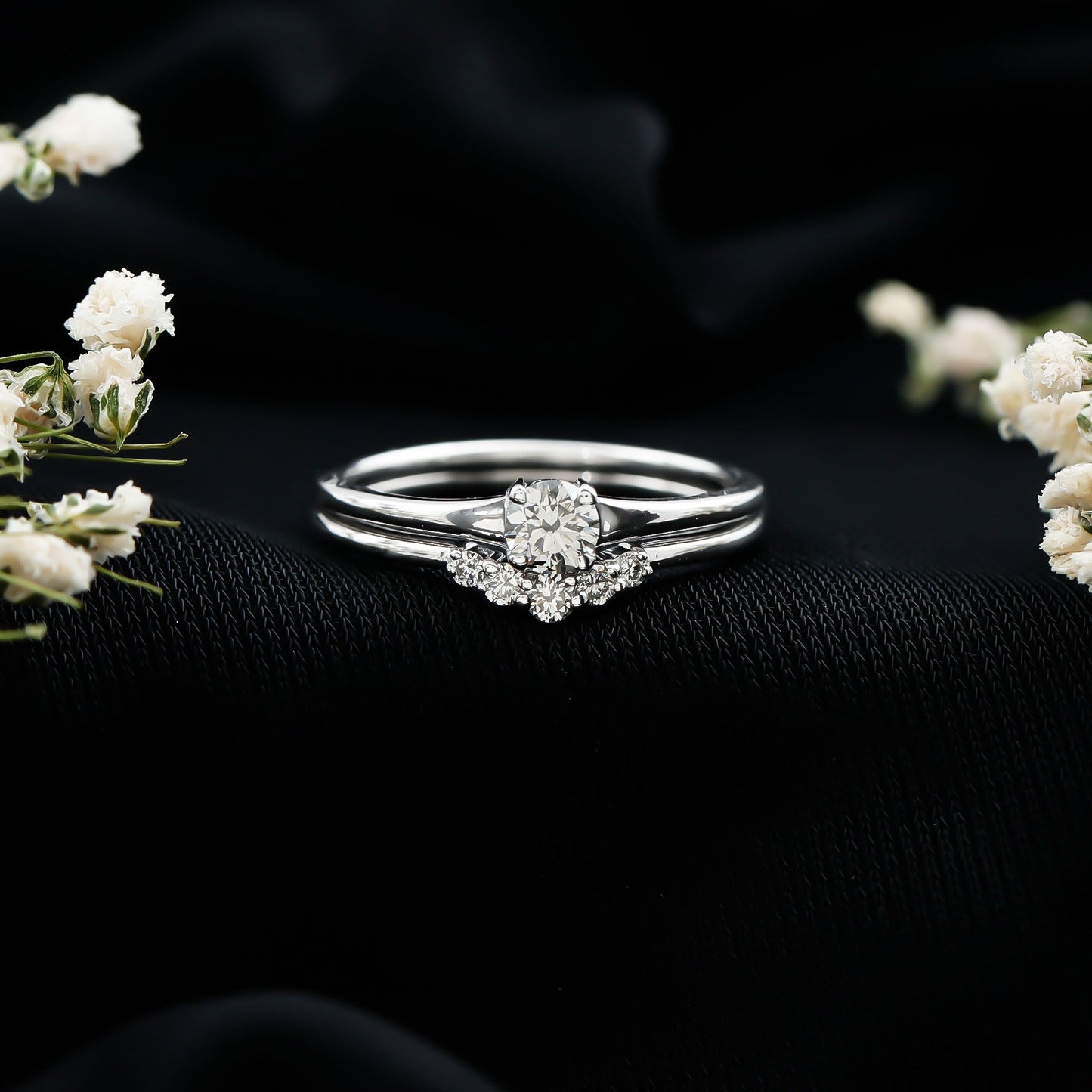 Round Cut Moissanite Engagement Ring with Wedding Band