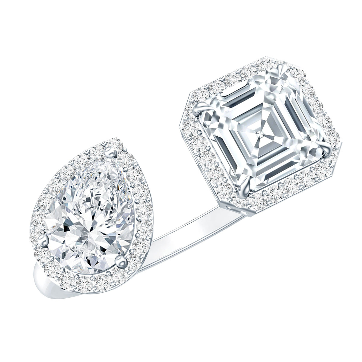 Asscher and Pear Cut Moissanite Two Stone Engagement Ring