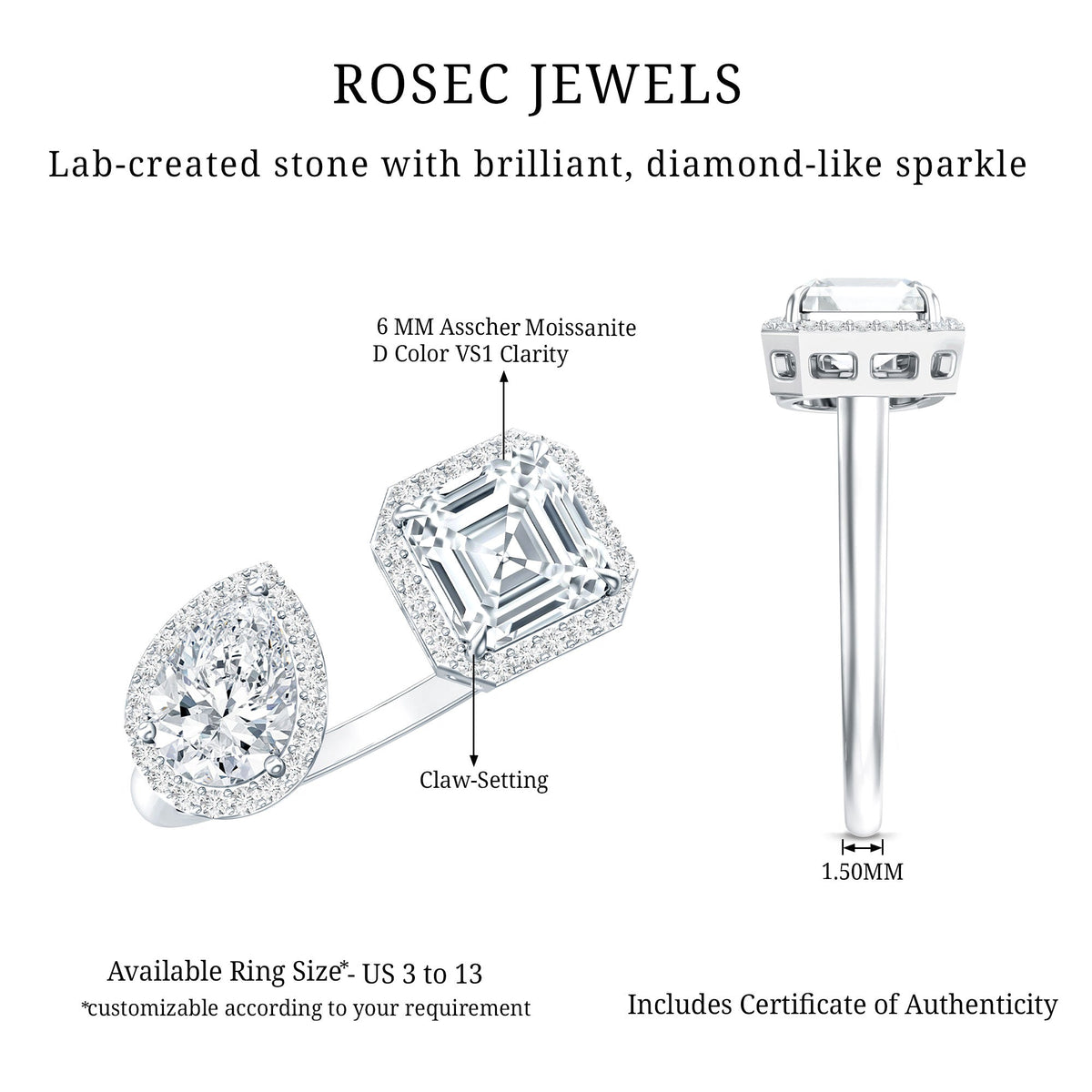 Asscher and Pear Cut Moissanite Two Stone Engagement Ring