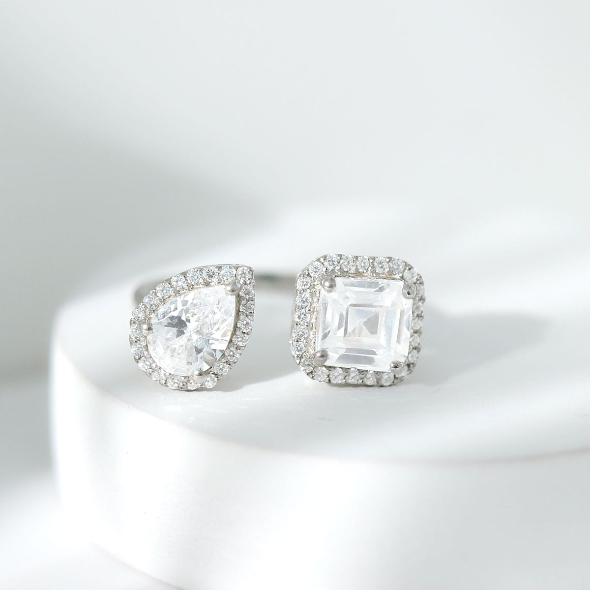 Asscher and Pear Cut Moissanite Two Stone Engagement Ring