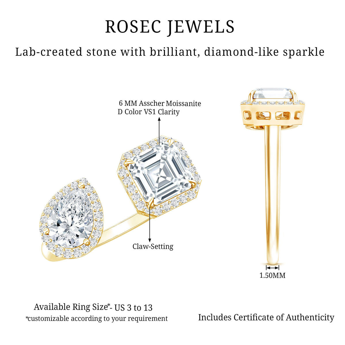Asscher and Pear Cut Moissanite Two Stone Engagement Ring