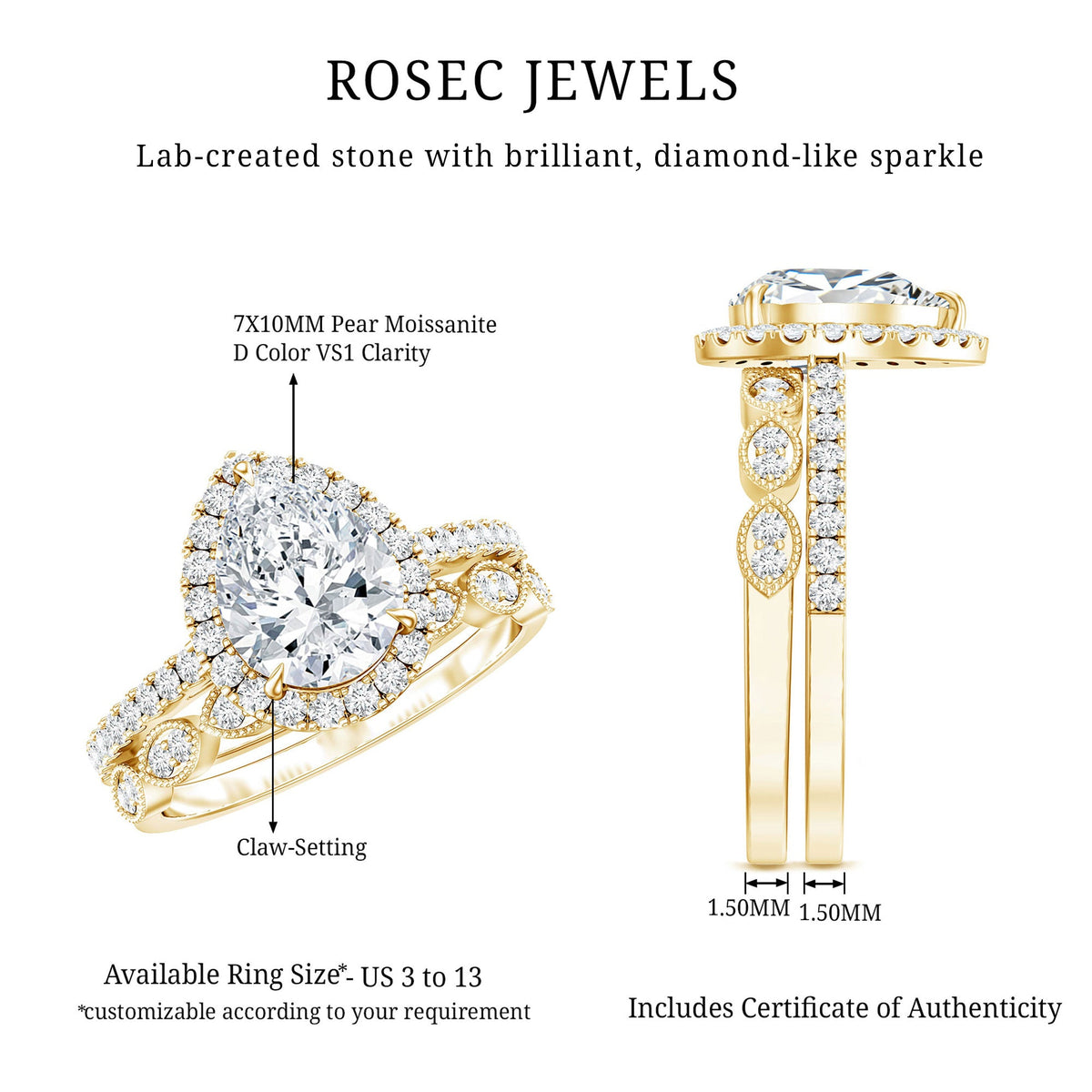 Certified Moissanite Teardrop Engagement Ring Set