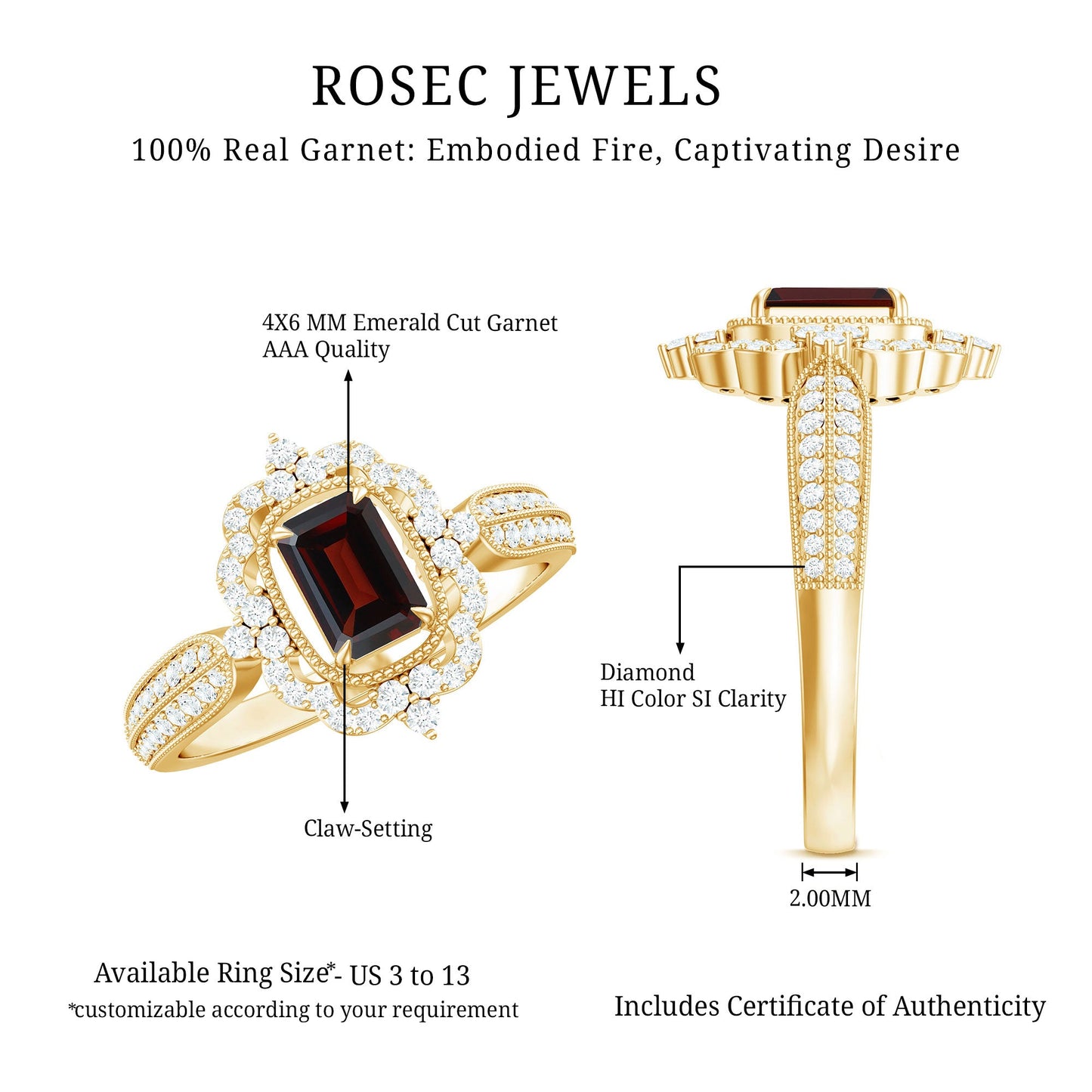 Certified Real Emerald Cut Garnet Retro Engagement Ring with Diamond