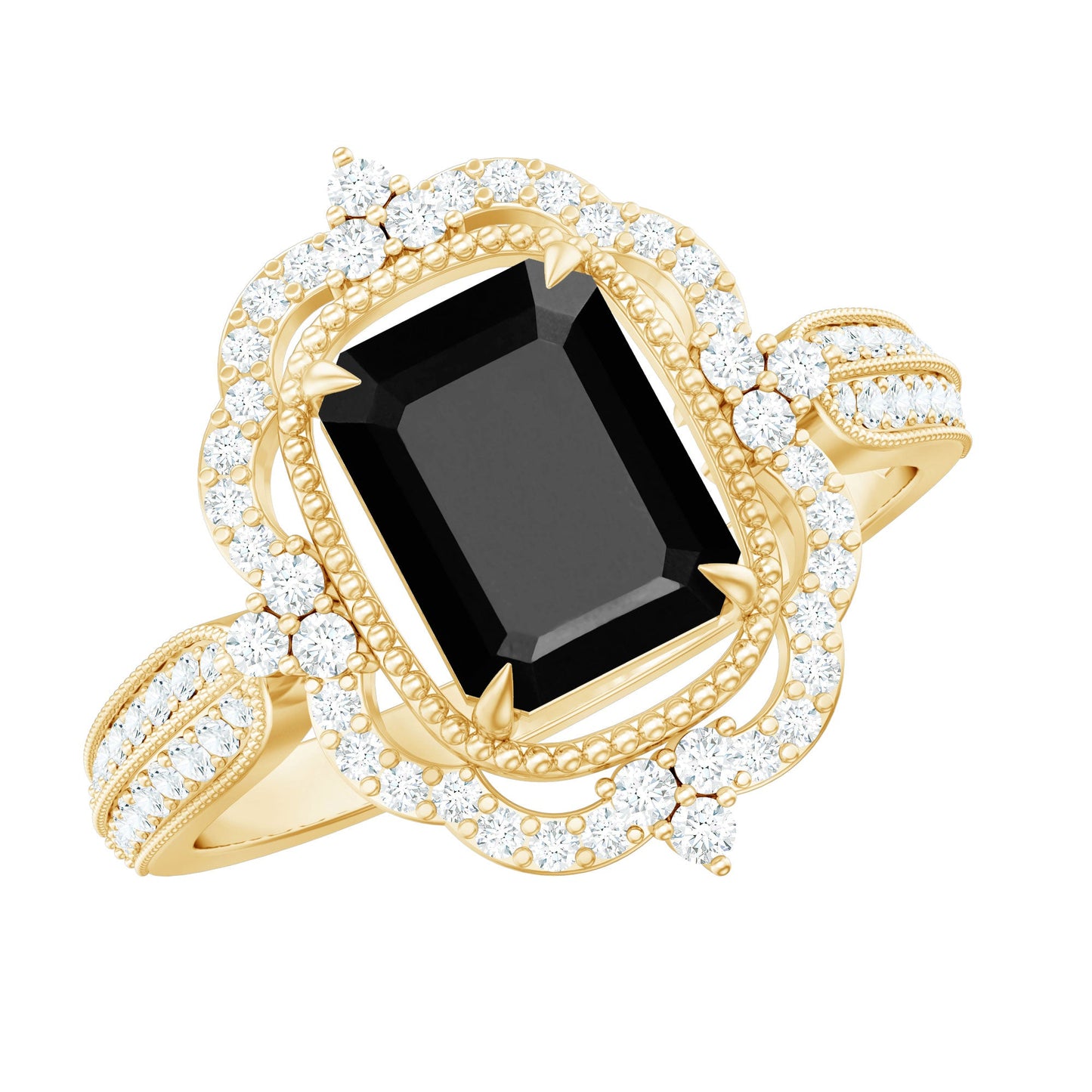 1.68 Carat Emerald Cut Lab Grown Black Diamond Retro Engagement Ring with White Diamond
