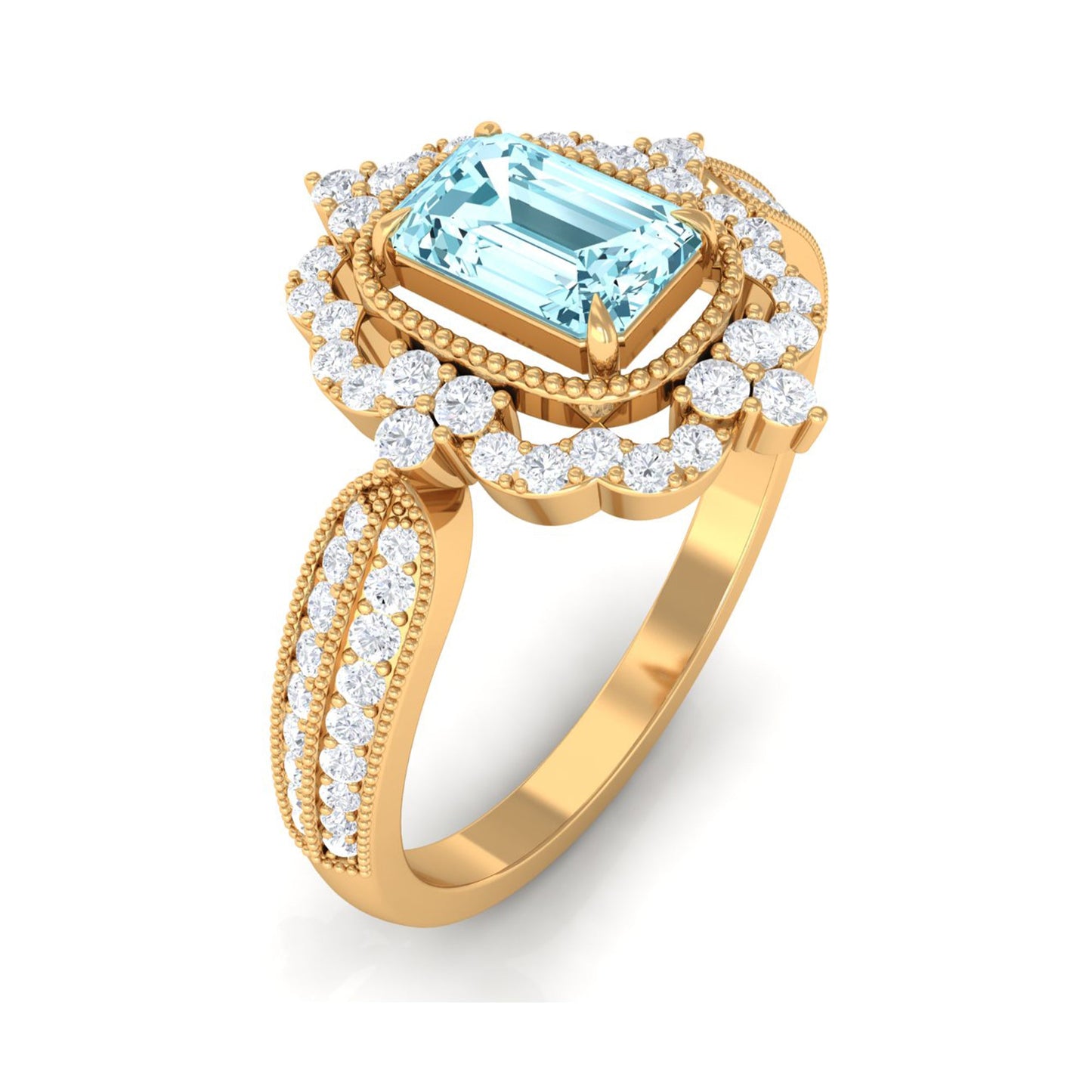Real Emerald Cut Aquamarine Vintage Looking Engagement Ring with Diamond