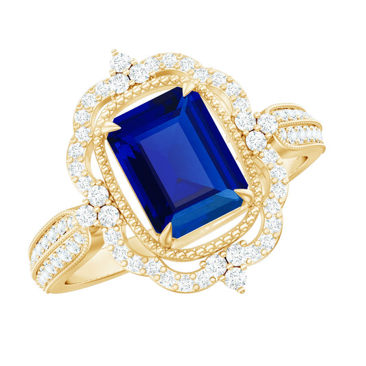 Certified 1.75 Carat Emerald Cut Lab Grown Blue Sapphire Retro Engagement Ring with Diamond