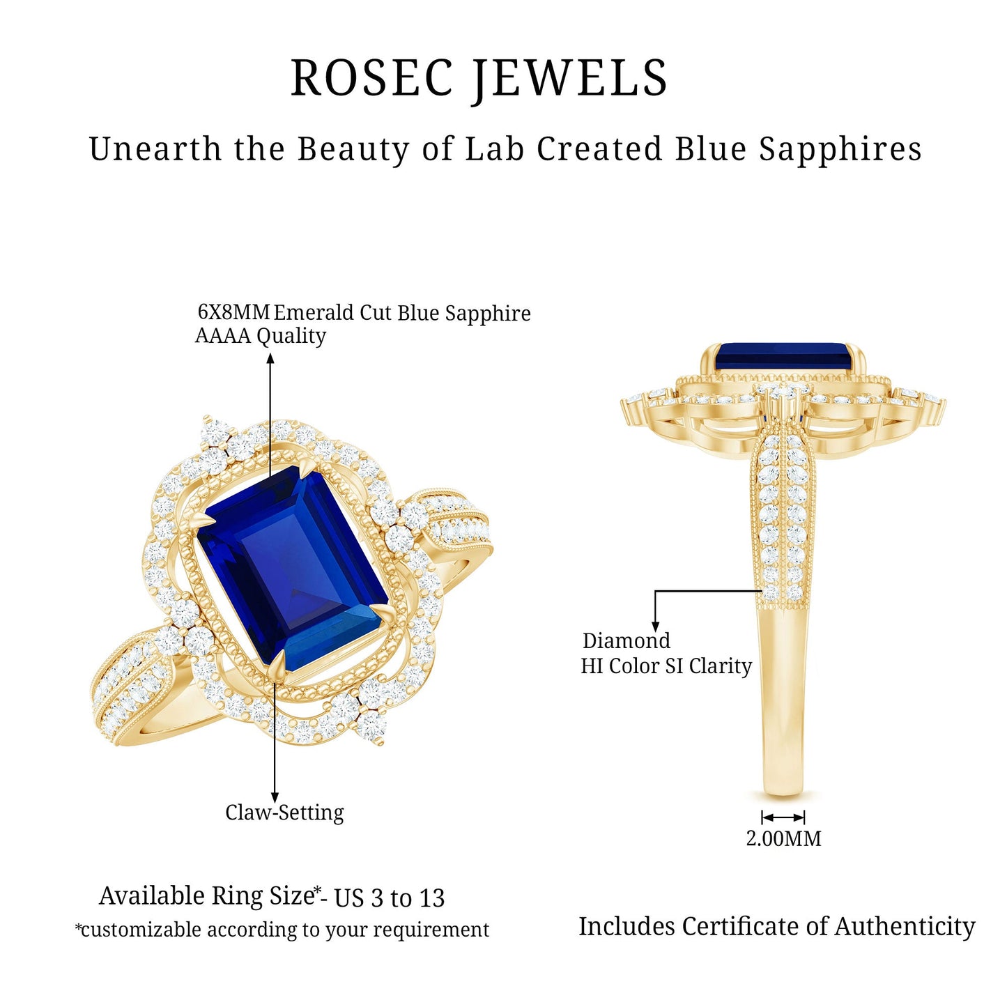 Certified 1.75 Carat Emerald Cut Lab Grown Blue Sapphire Retro Engagement Ring with Diamond