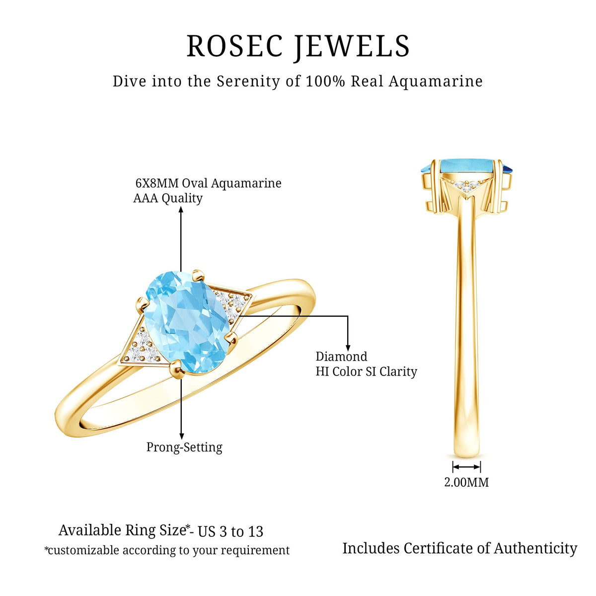 Genuine 1 Carat Aquamarine Oval Engagement Ring with Diamond