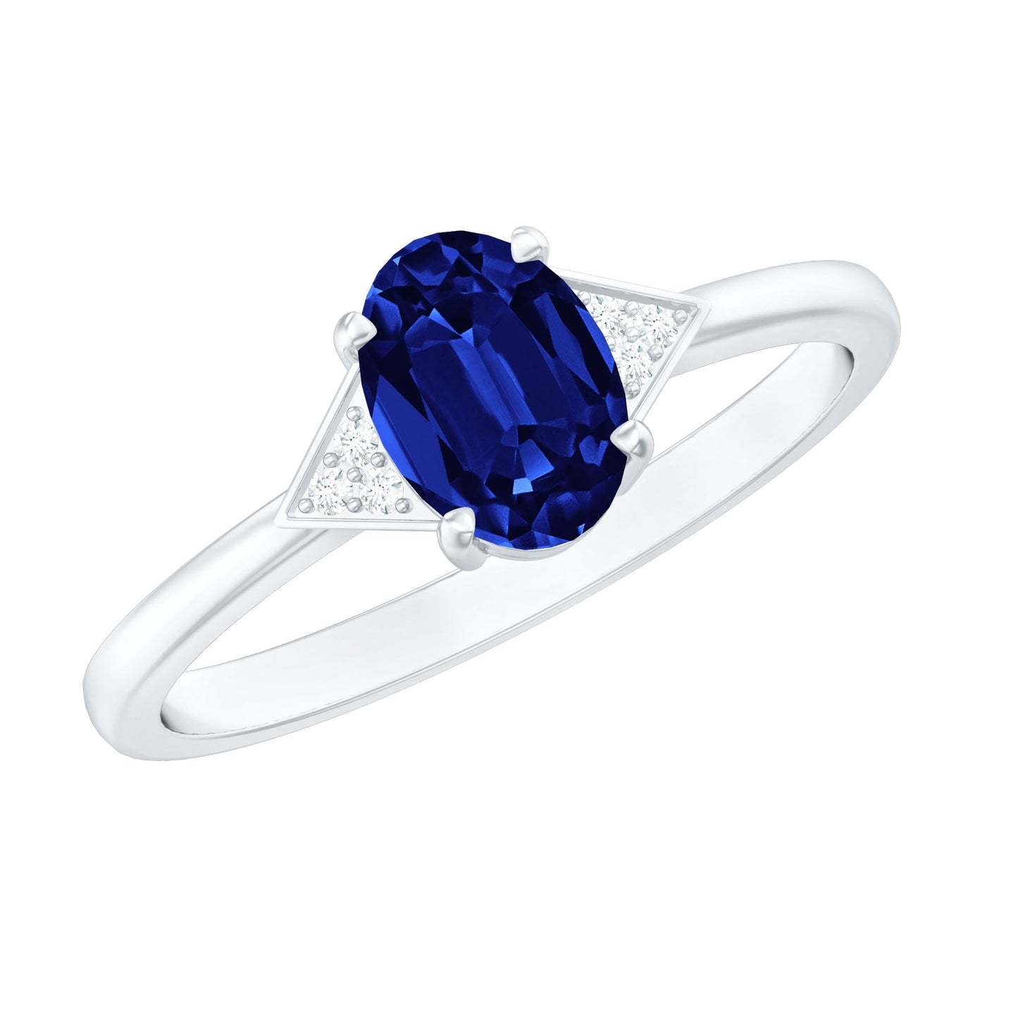 Certified 1 Carat Lab Grown Blue Sapphire Oval Engagement Ring with Diamond Trio