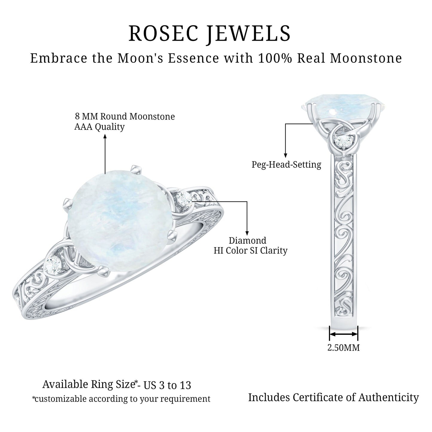 0.8 Carat Solitaire Moonstone Celtic Knot Ring with Diamond