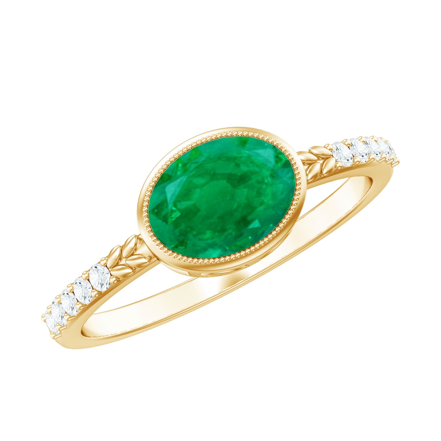 Natural Oval Shape Emerald East West Engagement Ring with Diamond