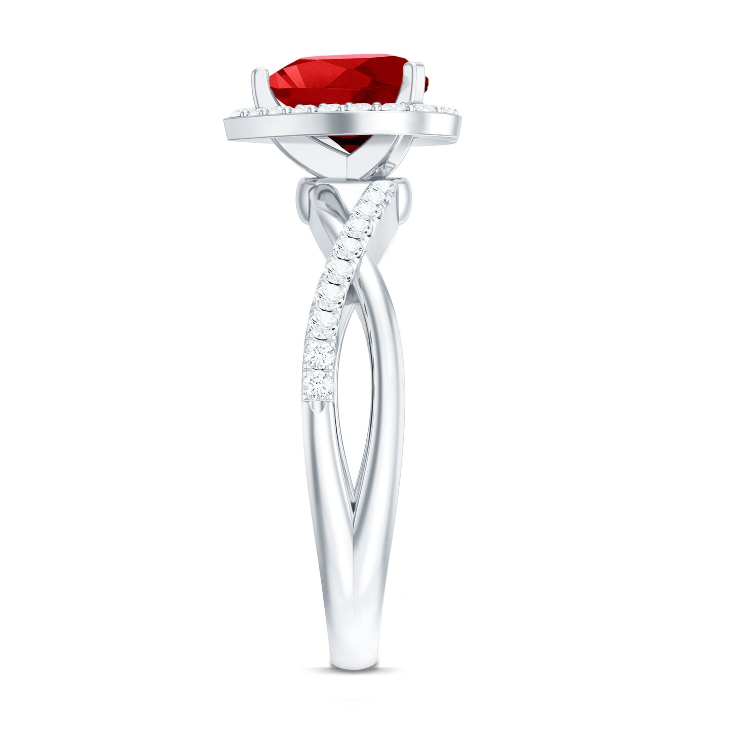 Heart Shaped Lab Created Ruby Crossover Engagement Ring with Natural Diamonds