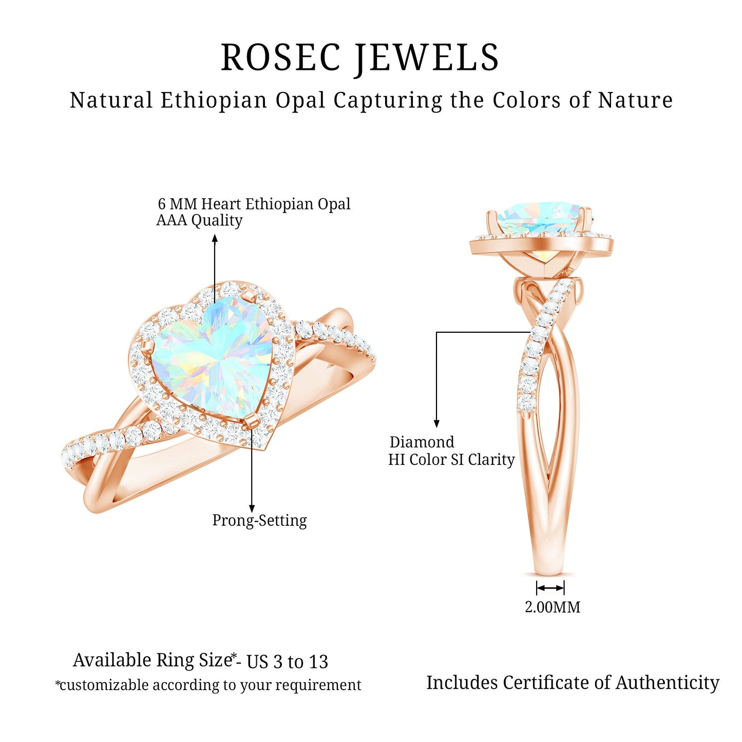 Natural Ethiopian Opal Heart Engagement Ring with Diamond Crossover Shank
