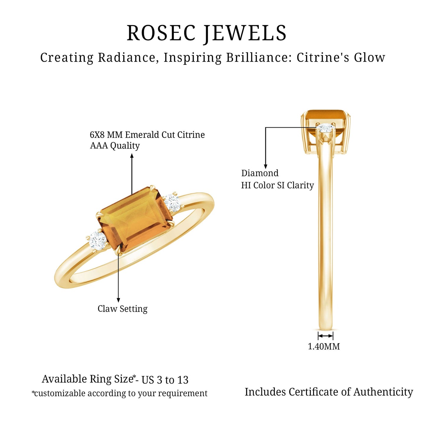 Natural Emerald Cut Citrine East West Engagement Ring with Diamond