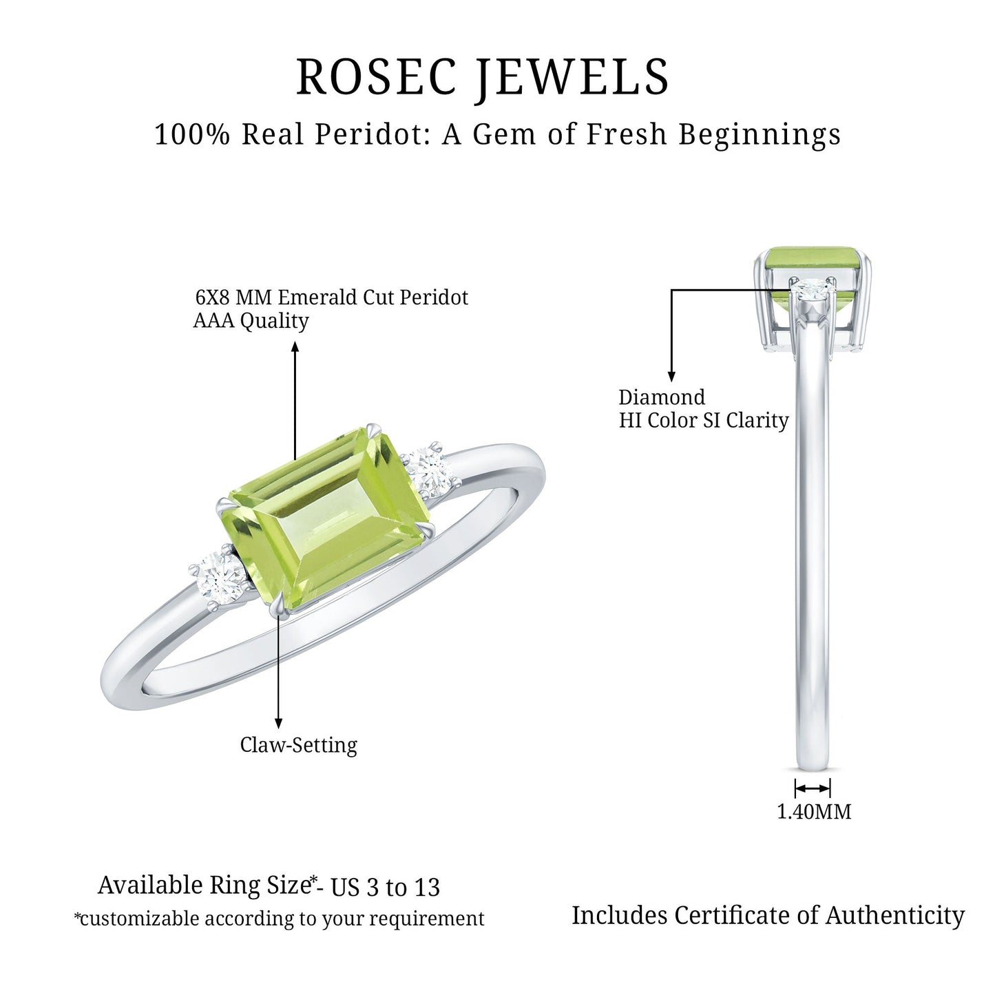 Real 1.8 Carat Peridot Emerald Cut Engagement Ring with Diamond in East West Style