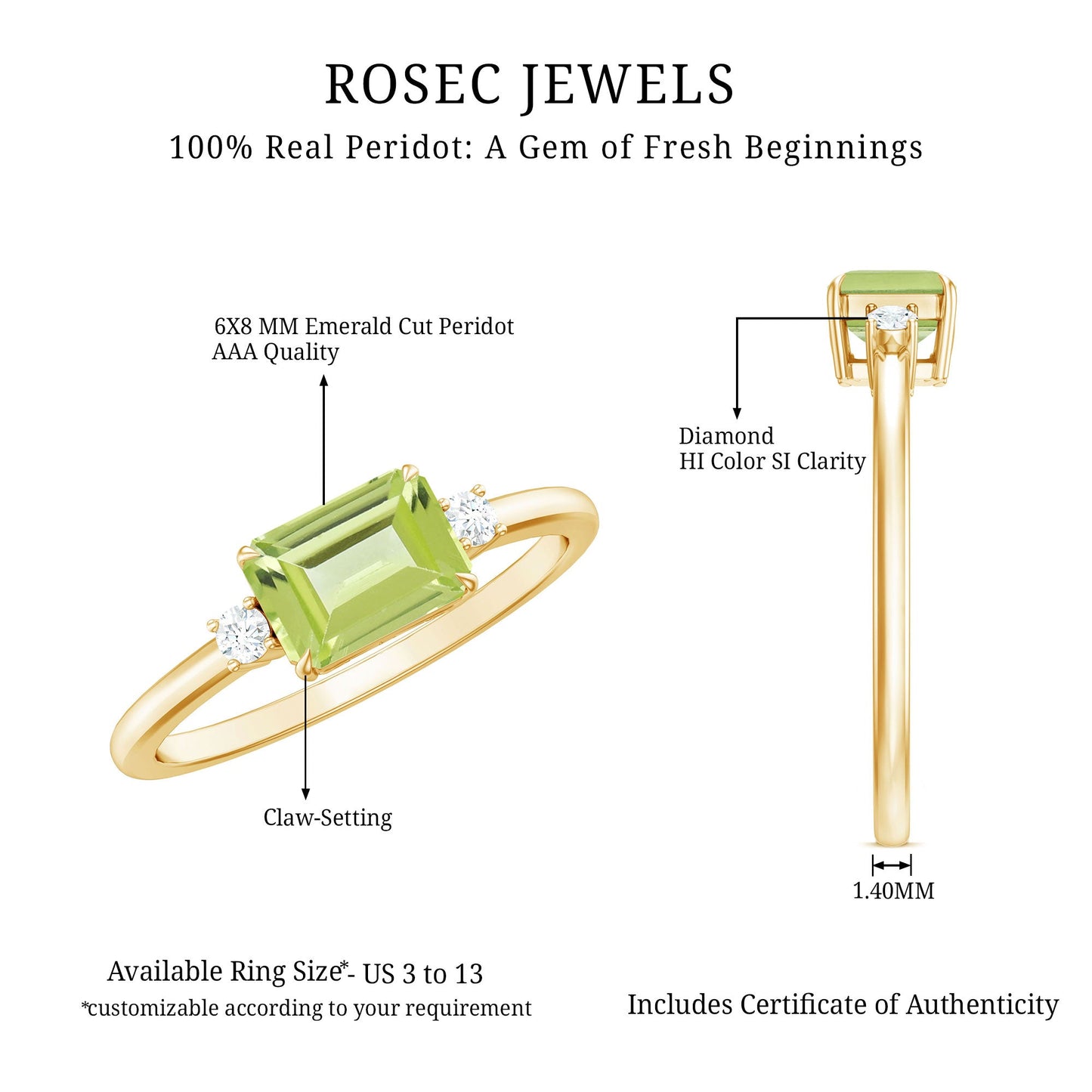 Real 1.8 Carat Peridot Emerald Cut Engagement Ring with Diamond in East West Style