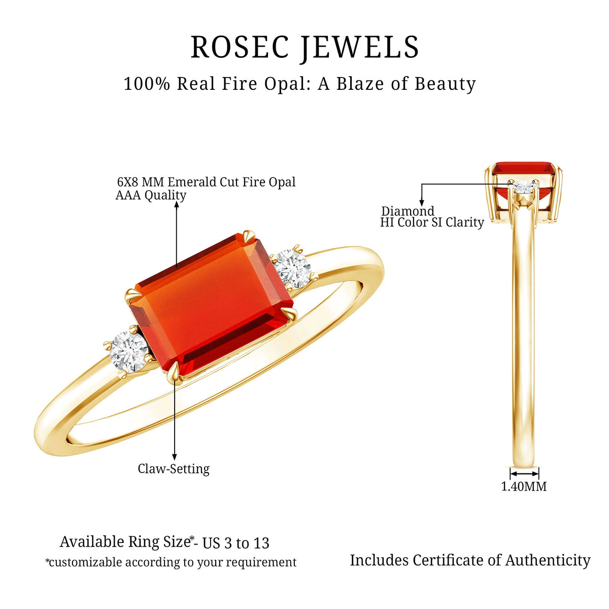 1 Carat Octagon Cut Fire Opal East West Engagement Ring with Diamond