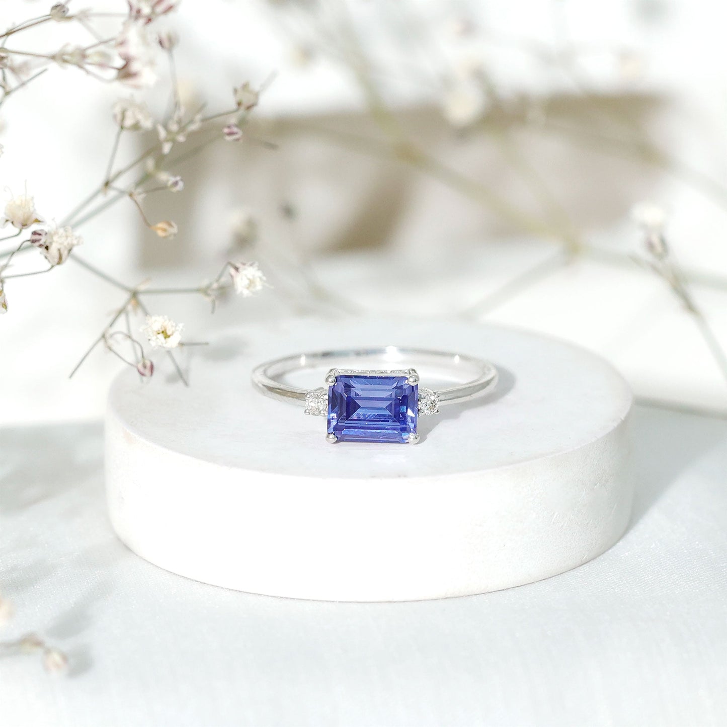 Octagon Cut Created Blue Sapphire East West Engagement Ring with Diamond
