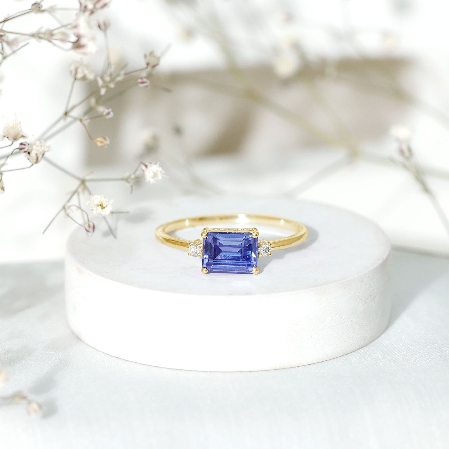 Octagon Cut Created Blue Sapphire East West Engagement Ring with Diamond