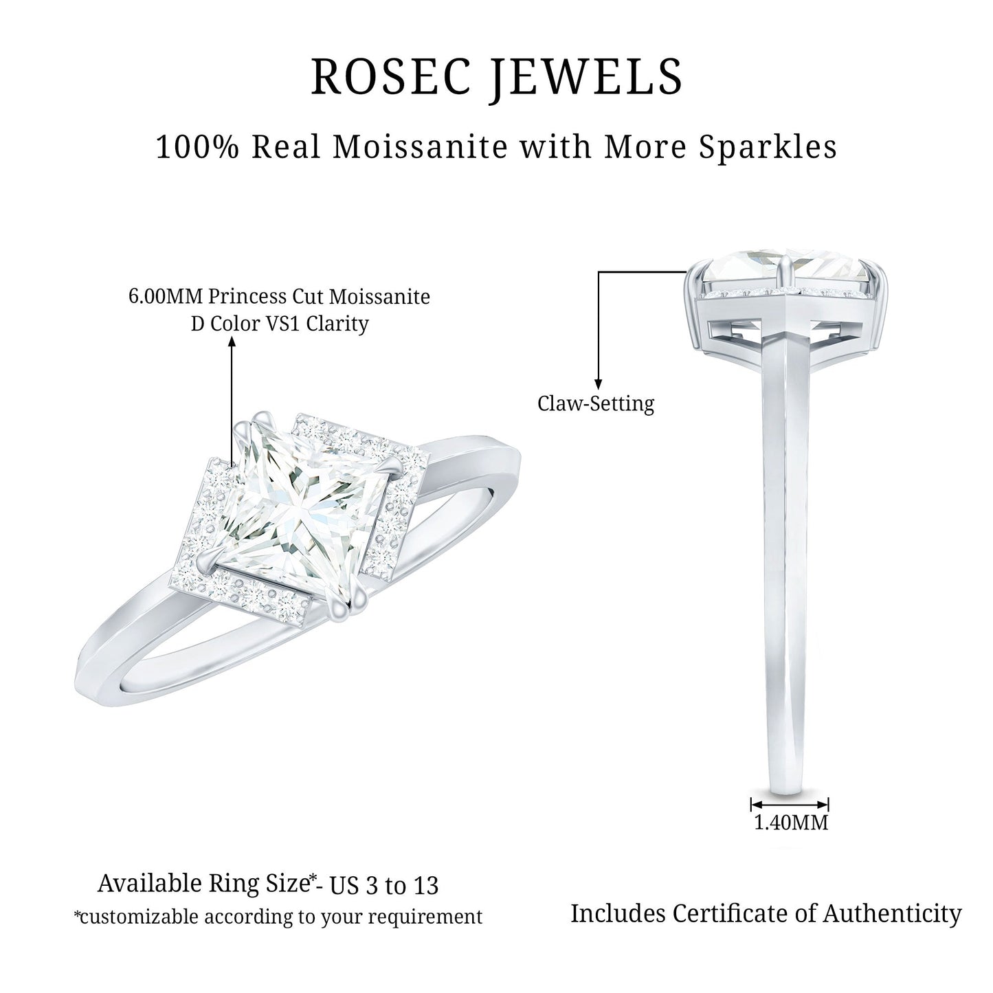 Princess Cut Certified Moissanite Halo Engagement Ring