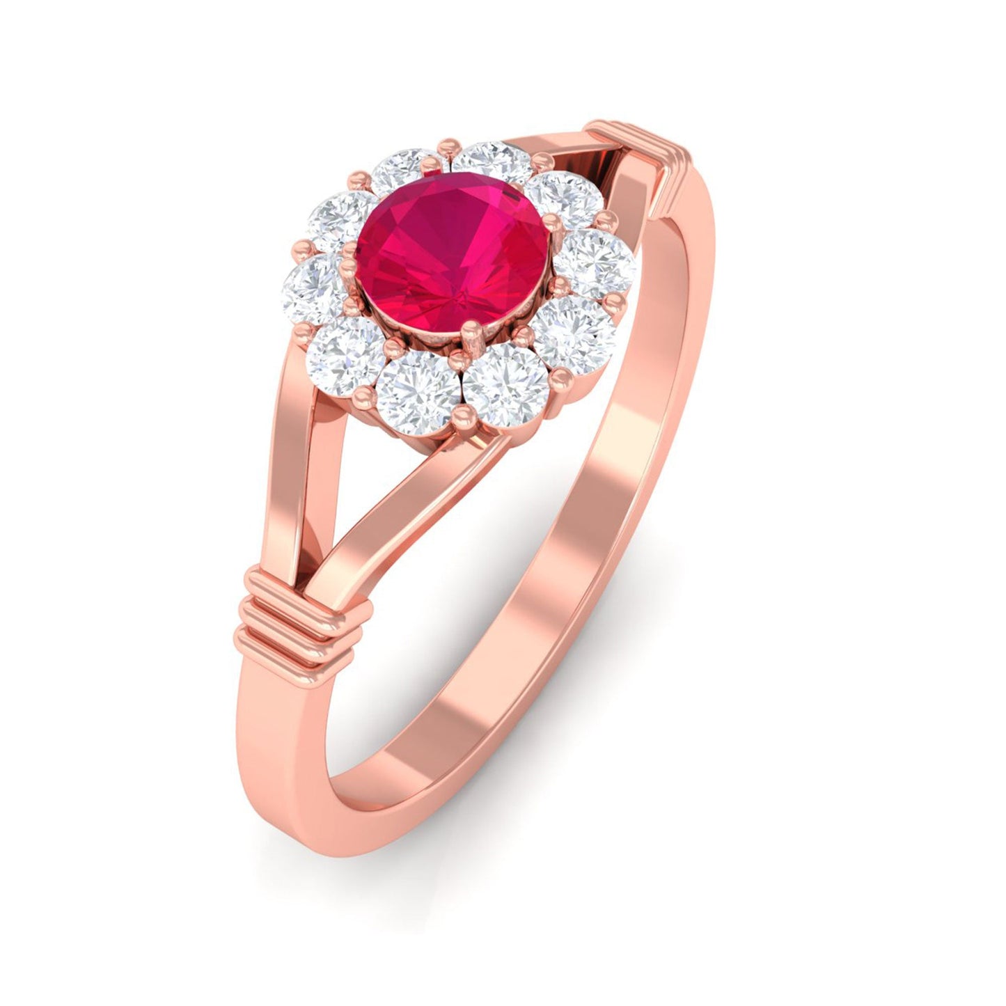 Minimal Ruby Diamond Halo Engagement Ring with Split Shank