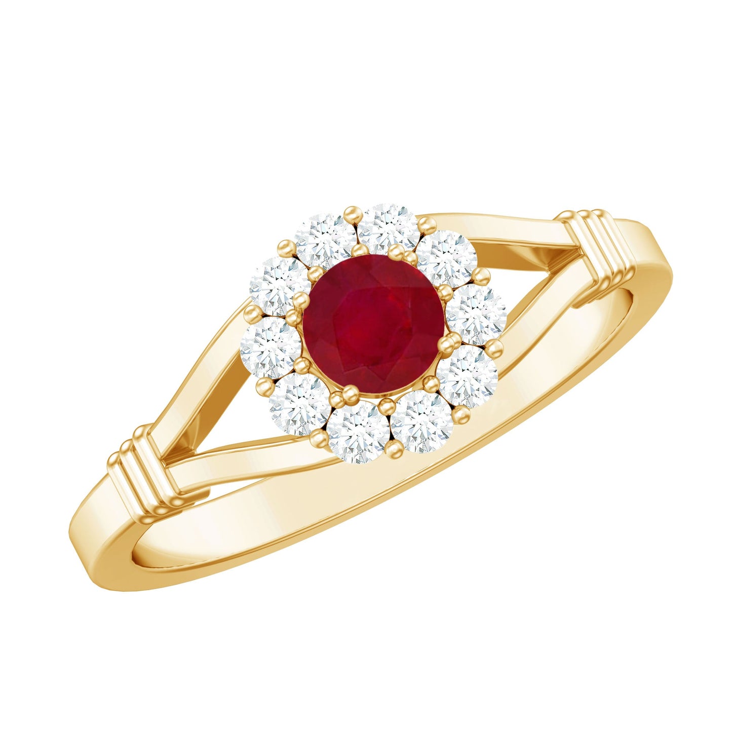 Minimal Ruby Diamond Halo Engagement Ring with Split Shank