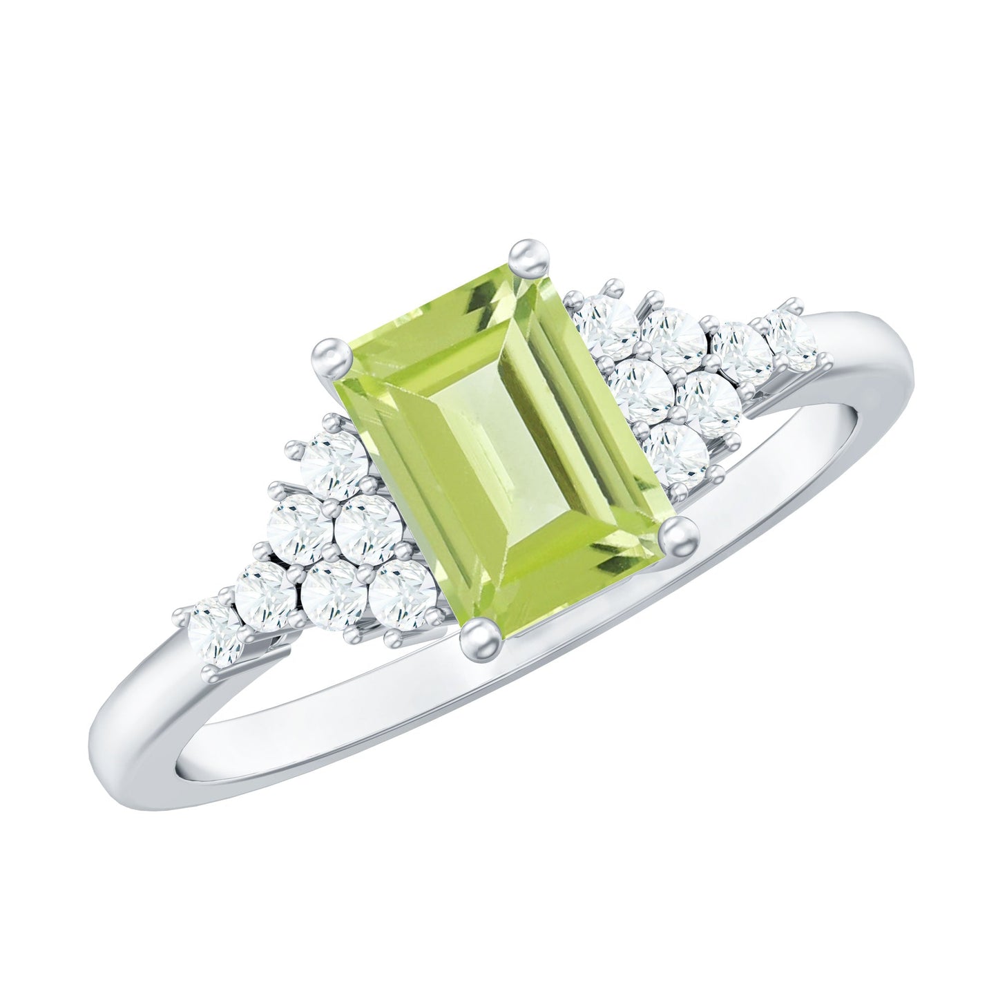 Natural 1.8 Carat Peridot Emerald Cut Engagement Ring with Diamond Side Stones