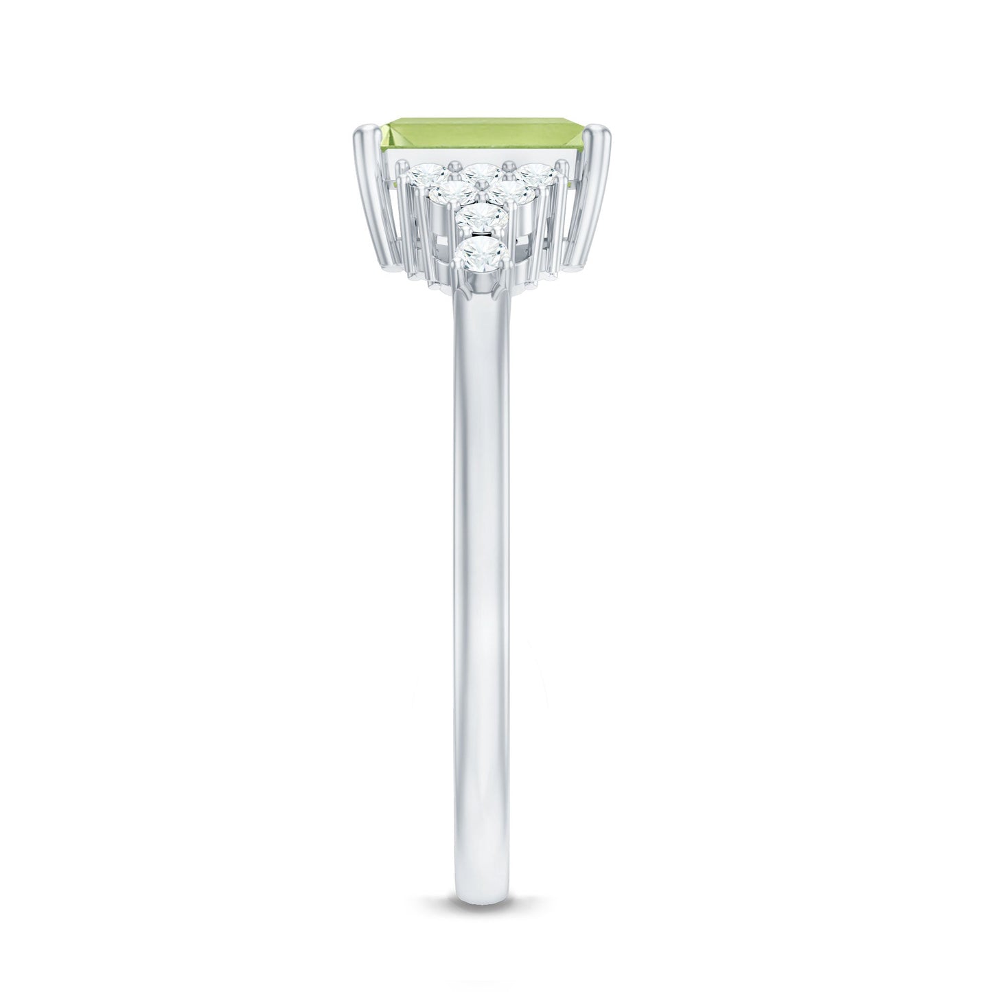 Natural 1.8 Carat Peridot Emerald Cut Engagement Ring with Diamond Side Stones